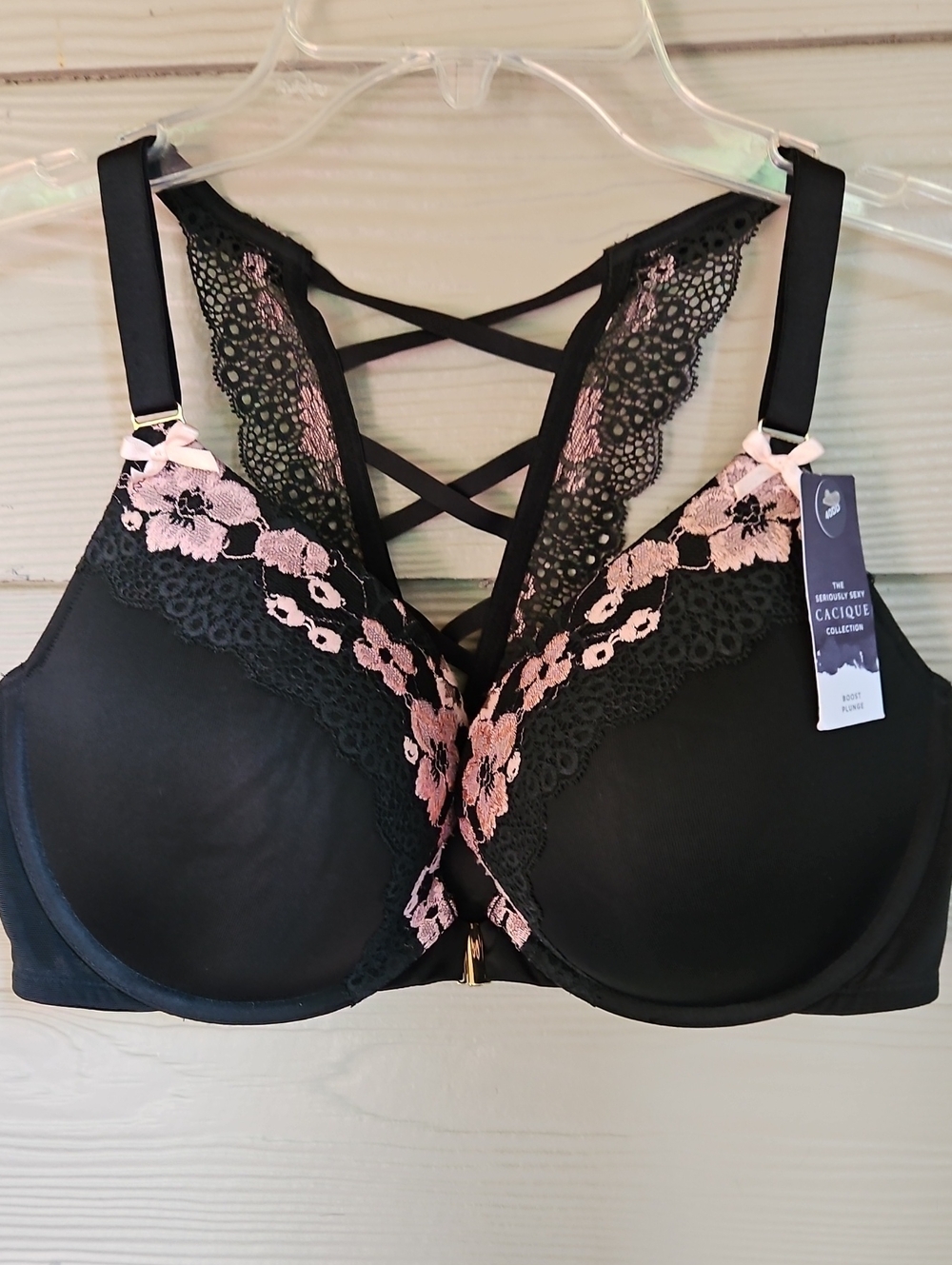 Cacique Black Bra with Pink Floral Lace and Strappy Back